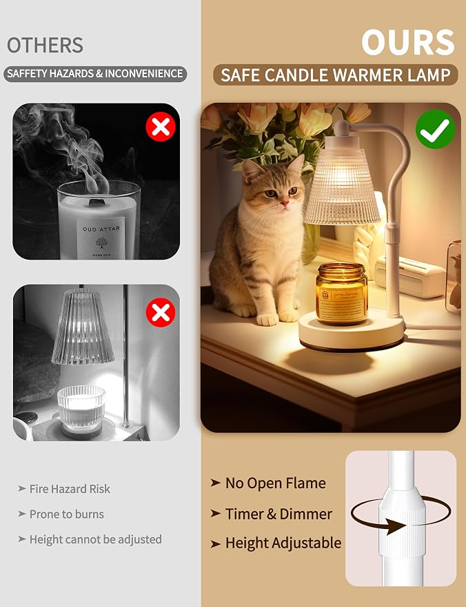 Candle Warmer Lamp for Jar Candles, Height Adjustable & Dimmable with 2/4/8H Timer, 2*50W Halogen Wax Melter Warmer for Home