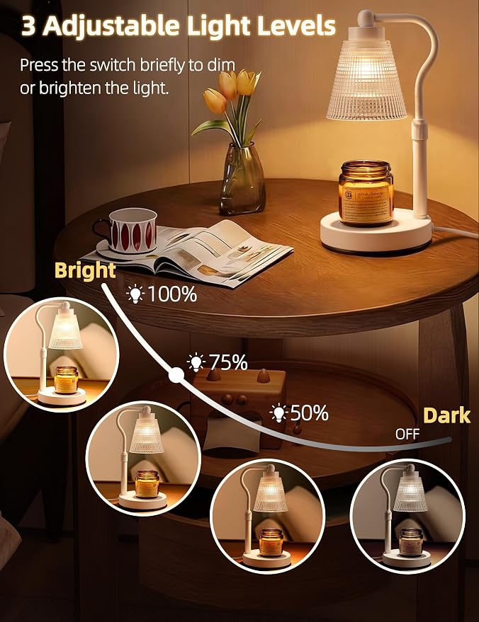 Candle Warmer Lamp for Jar Candles, Height Adjustable & Dimmable with 2/4/8H Timer, 2*50W Halogen Wax Melter Warmer for Home