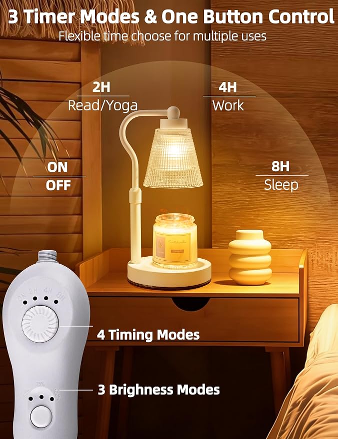 Candle Warmer Lamp for Jar Candles, Height Adjustable & Dimmable with 2/4/8H Timer, 2*50W Halogen Wax Melter Warmer for Home