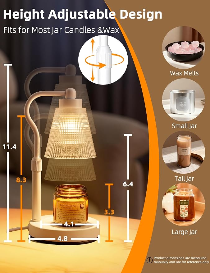 Candle Warmer Lamp for Jar Candles, Height Adjustable & Dimmable with 2/4/8H Timer, 2*50W Halogen Wax Melter Warmer for Home