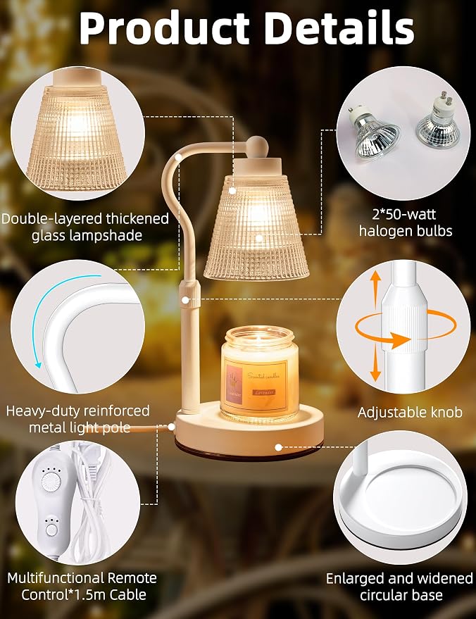 Candle Warmer Lamp for Jar Candles, Height Adjustable & Dimmable with 2/4/8H Timer, 2*50W Halogen Wax Melter Warmer for Home