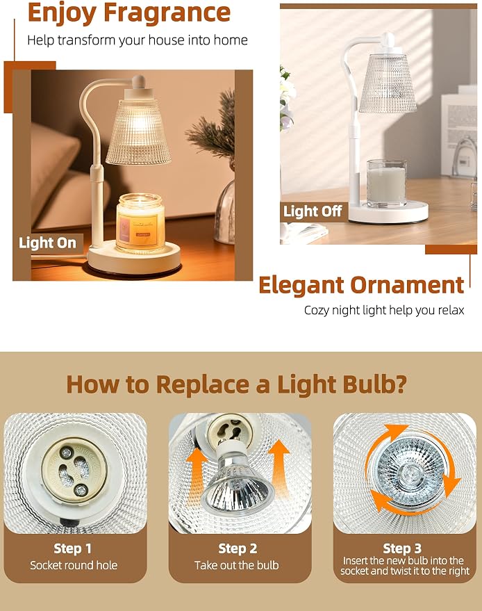 Candle Warmer Lamp for Jar Candles, Height Adjustable & Dimmable with 2/4/8H Timer, 2*50W Halogen Wax Melter Warmer for Home