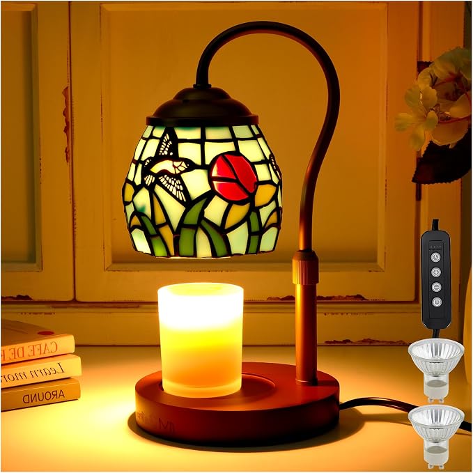 Candle Warmer Lamp - Hummingbird Candle Lamps Timer Dimmer, Tiffany Style Stained Glass Candle Warming Lamp Compatible with