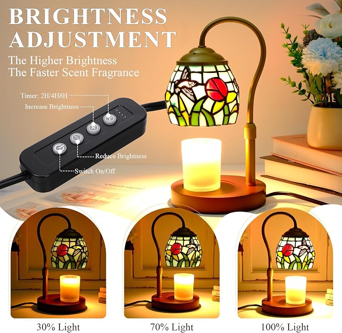 Candle Warmer Lamp - Hummingbird Candle Lamps Timer Dimmer, Tiffany Style Stained Glass Candle Warming Lamp Compatible with