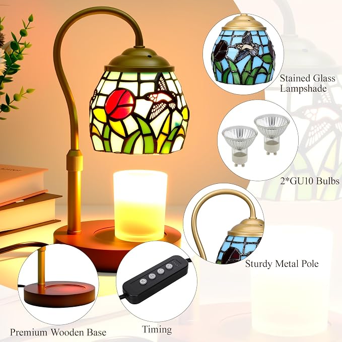 Candle Warmer Lamp - Hummingbird Candle Lamps Timer Dimmer, Tiffany Style Stained Glass Candle Warming Lamp Compatible with