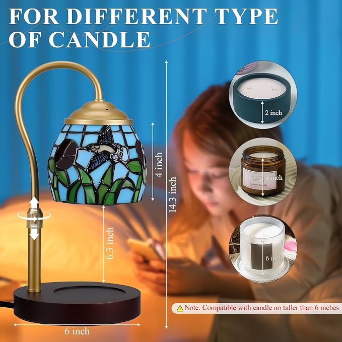 Candle Warmer Lamp - Hummingbird Candle Lamps Timer Dimmer, Tiffany Style Stained Glass Candle Warming Lamp Compatible with