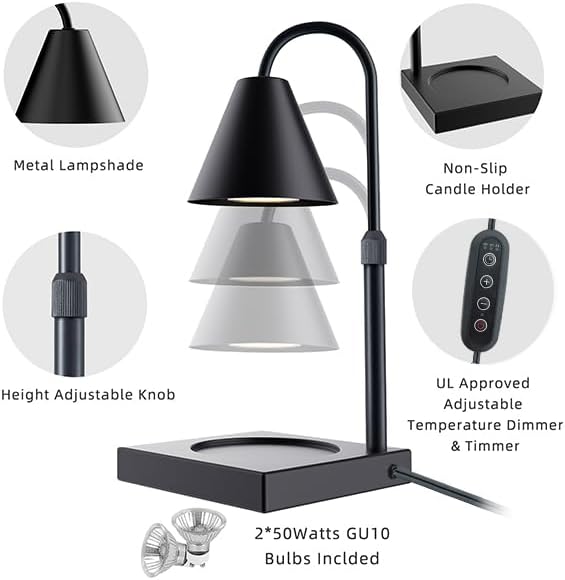 Candle Warmer Lamp, Stepless Dimming Candle Warmer Lamp with Timer & Dimmer Height Adjustable Compatible with Jars Scented