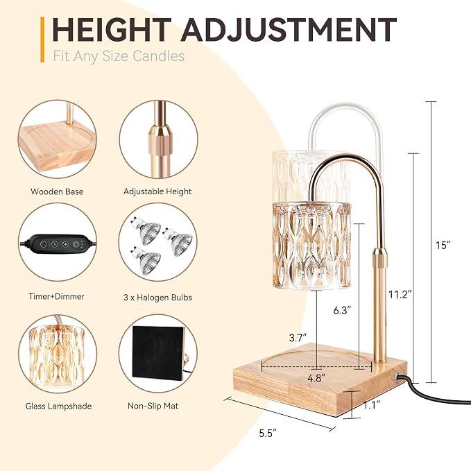 Candle Warmer Lamp with 3 Bulbs, Adjustable Height Dimmable Candle Warmer with Timer, Compatible with Large Jar Candles