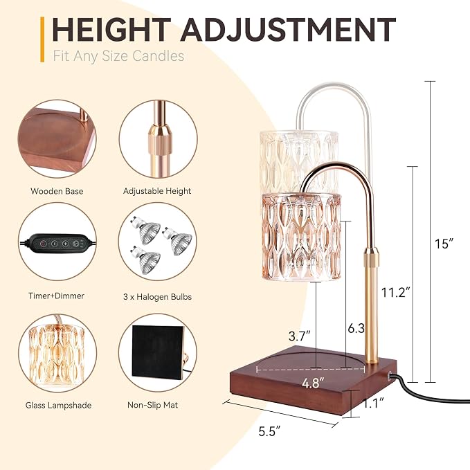 Candle Warmer Lamp with 3 Bulbs, Adjustable Height Dimmable Candle Warmer with Timer, Compatible with Large Jar, alternate