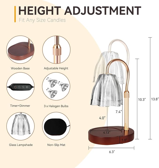 Candle Warmer Lamp with 3 Bulbs, Adjustable Height Dimmable Candle Warmer with Timer, Compatible with Large Jar, alternate