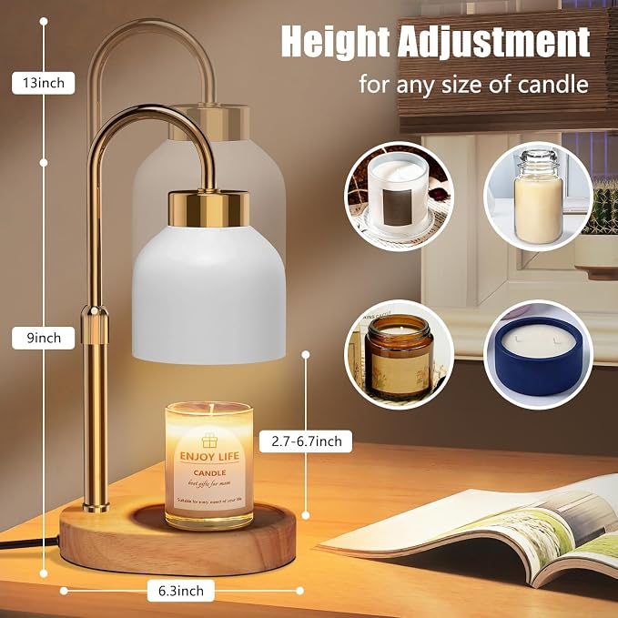Candle Warmer Lamp with Dimmer Adjustable Height, 2/4/8H Timer,Vintage Home Decor for Scented Jar 5.7 inches Wood, alternate