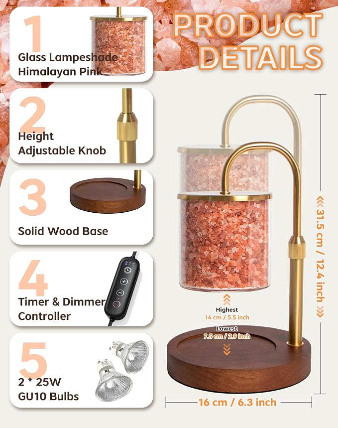 Candle Warmer Lamp with Himalayan Pink Salt, Timer & Dimmable Candle Warmer for Jar Candles, Birthday Gifts for Women Mom
