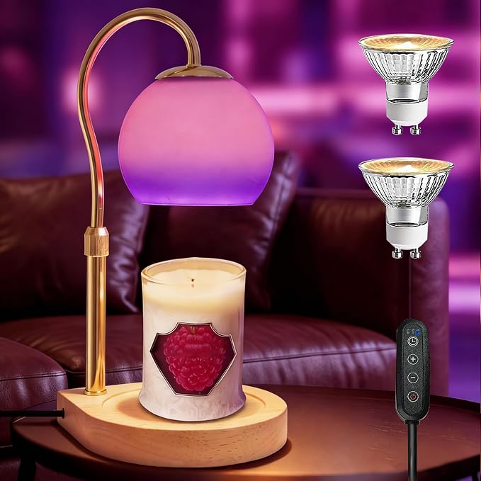 Candle Warmer Lamp with Timer 2H/4H/8H, Adjustable Height Dimmable Candle Lamp with 2 Bulbs, Wax Melt Warmer for