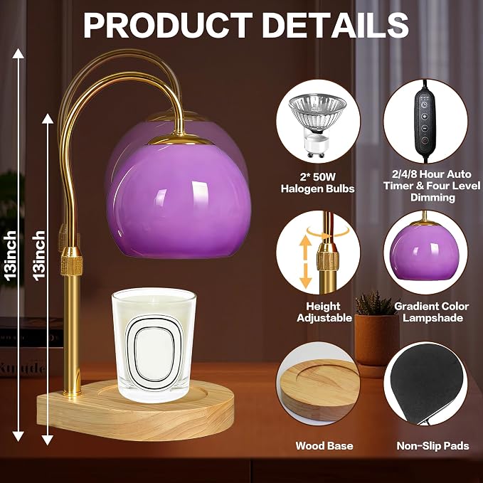 Candle Warmer Lamp with Timer 2H/4H/8H, Adjustable Height Dimmable Candle Lamp with 2 Bulbs, Wax Melt Warmer for, alternate
