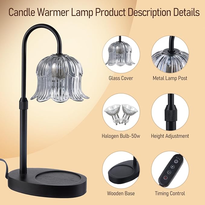 Candle Warmer Lamp with Timer: Adjustable Height Brightness Scented Candle Lamp Flameless Heating Suitable-Home Decor Living