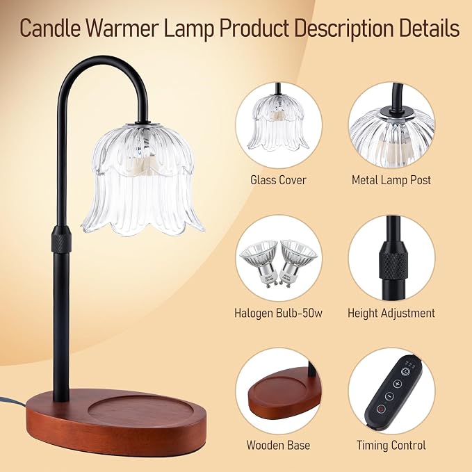 Candle Warmer Lamp with Timer: Adjustable Height Brightness Scented Candle Lamp Flameless Heating Suitable-Home Decor Living