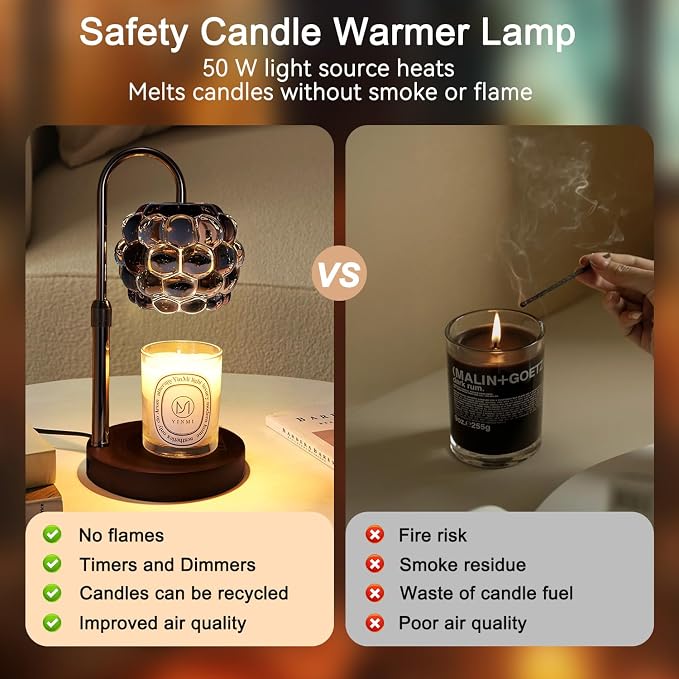 Candle Warmer Lamp with Timer Adjustable - Height Candle Warmer, Dimmer, Black Glass Wax Melting Lamps for Home Decor, for