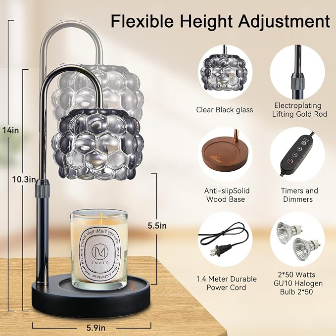 Candle Warmer Lamp with Timer Adjustable - Height Candle Warmer, Dimmer, Black Glass Wax Melting Lamps for Home Decor, for