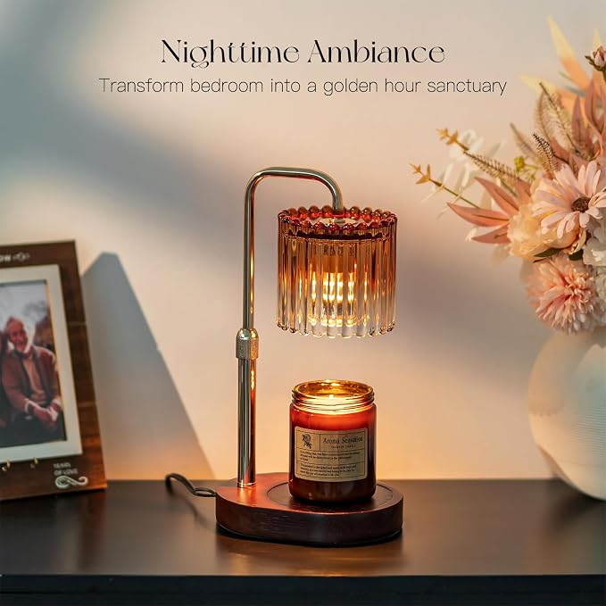 Candle Warmer Lamp with Timer: Amber Candle Warming Lamp with 2 Bulbs Height Adjustable Wax Melt Dimmable Bedroom Decor for