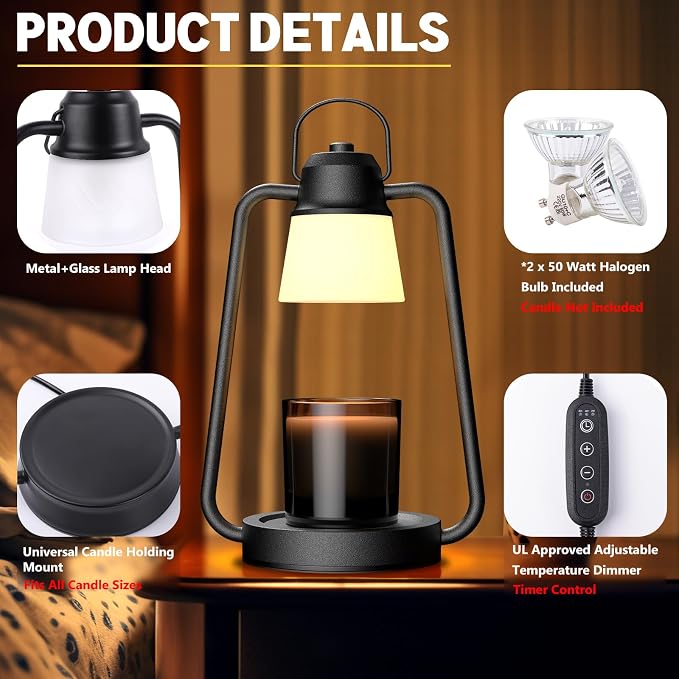 Candle Warmer Lamp with Timer and Dimmer for Jar Candles - Electric Wax Melt Warmer, Vintage Black Decor Lamp, Perfect