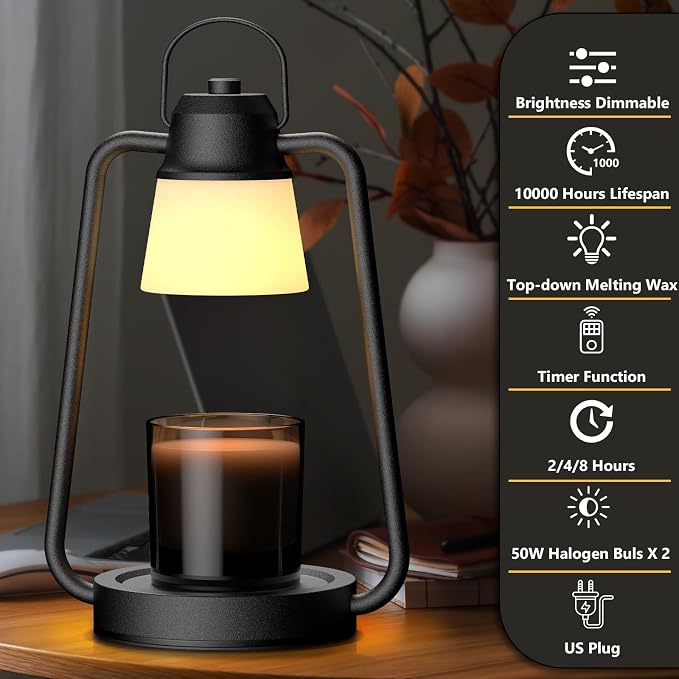 Candle Warmer Lamp with Timer and Dimmer for Jar Candles - Electric Wax Melt Warmer, Vintage Black Decor Lamp, Perfect