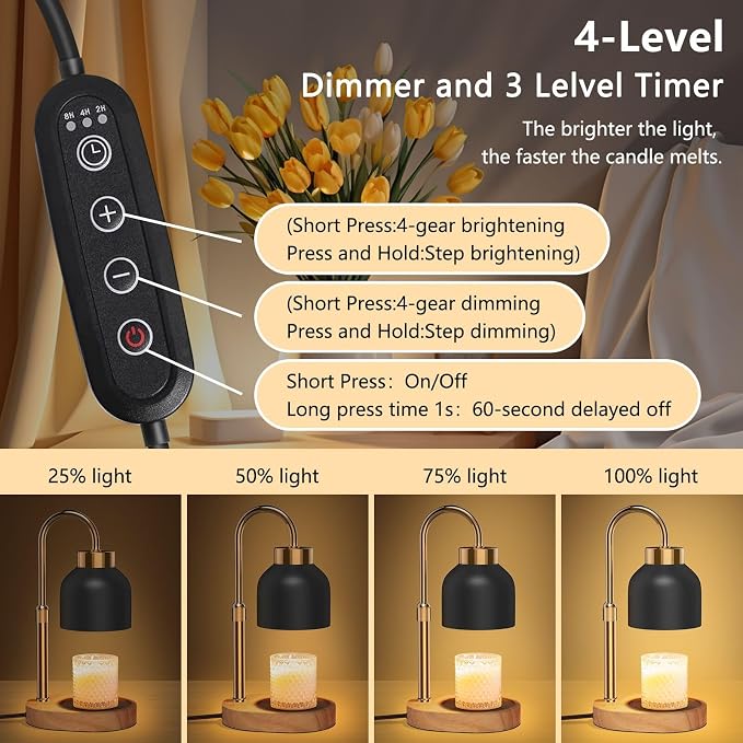 Candle Warmer Lamp with Timer and Dimmer, Height and Brightness Adjustable, Black Electric Wax Warmer for Women Mom