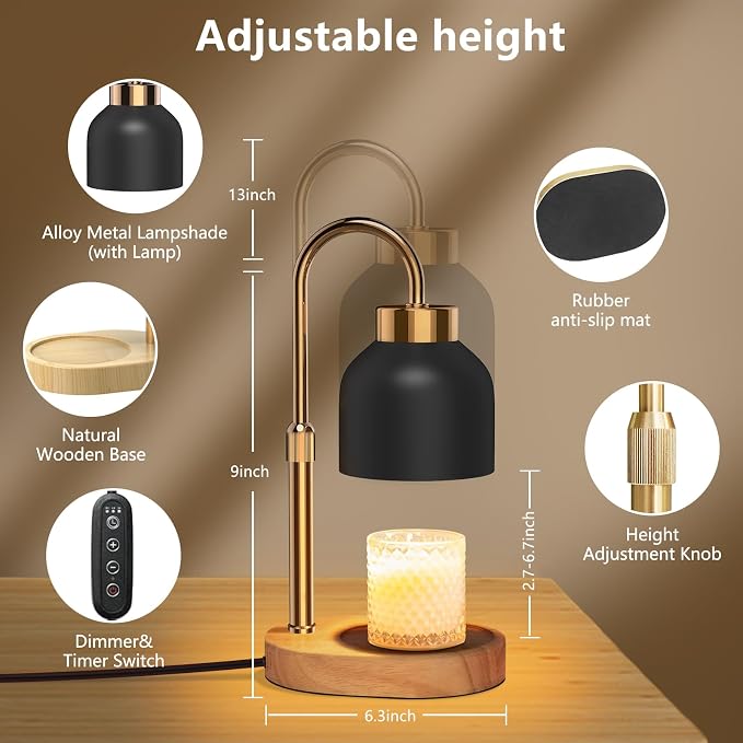 Candle Warmer Lamp with Timer and Dimmer, Height and Brightness Adjustable, Black Electric Wax Warmer for Women Mom