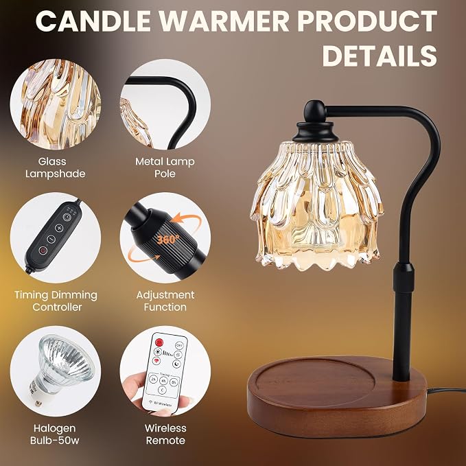 Candle Warmer Lamp with Timer and Wireless Remote Control, Dimmable Candle Warmer for Jar Candles, Height Adjustable Wax