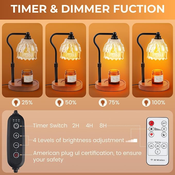 Candle Warmer Lamp with Timer and Wireless Remote Control, Dimmable Candle Warmer for Jar Candles, Height Adjustable Wax