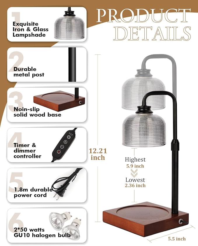 Candle Warmer Lamp with Timer Dimmable, Adjustable Height Candle Warmer, Birthday Gifts for Women Mom House Warming Gifts New