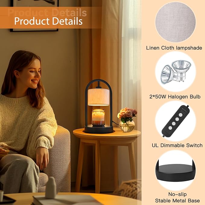 Candle Warmer Lamp with Timer, Dimmable Candle Lamp Warmer for Jar Candles, Wax Warmer with 2 Bulbs, Birthday Gifts for Women