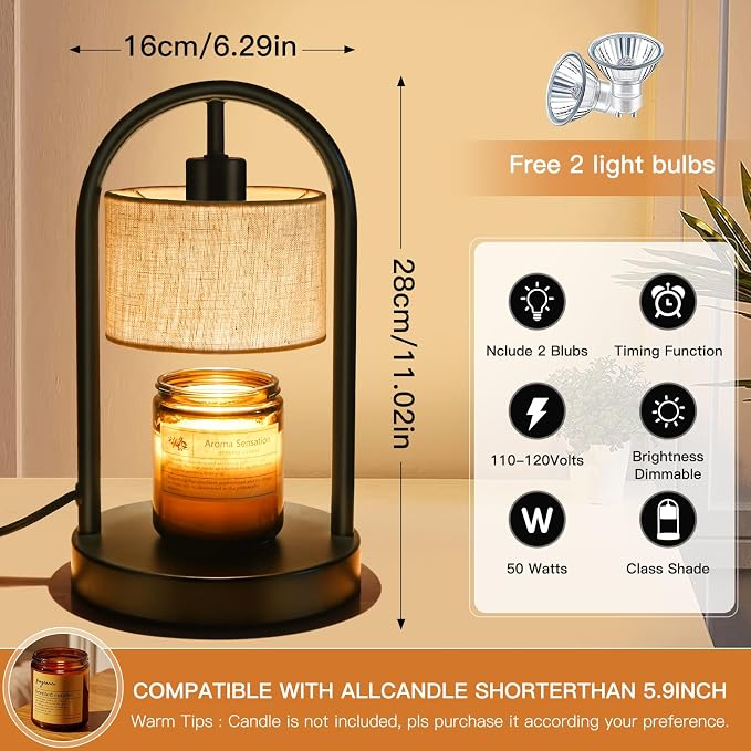 Candle Warmer Lamp with Timer, Dimmable Candle Lamp Warmer for Jar Candles, Wax Warmer with 2 Bulbs, Birthday Gifts for Women