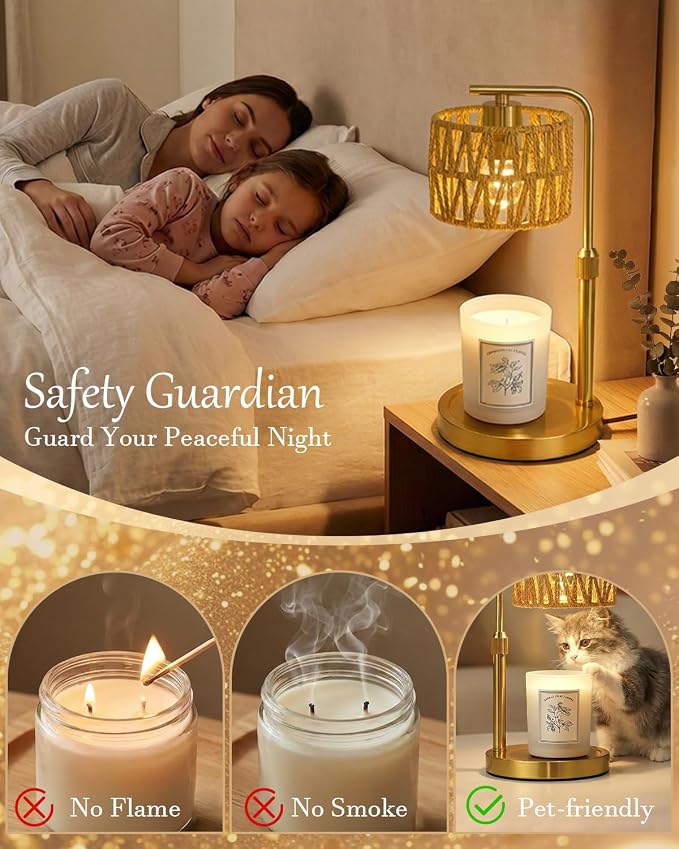 Candle Warmer Lamp with Timer, Dimmable Candle Warmer for Jar Candles, Height Adjustable Candle Lamp Warmer, Boho Rattan
