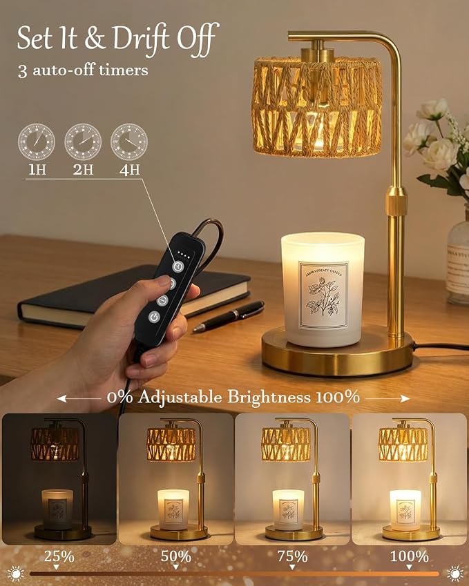 Candle Warmer Lamp with Timer, Dimmable Candle Warmer for Jar Candles, Height Adjustable Candle Lamp Warmer, Boho Rattan