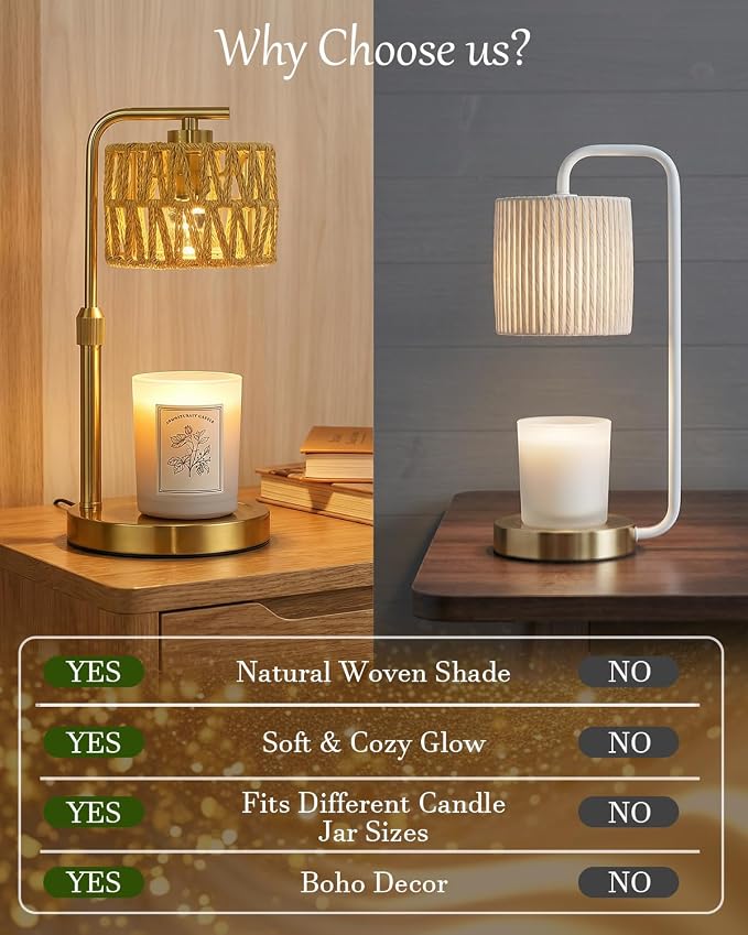 Candle Warmer Lamp with Timer, Dimmable Candle Warmer for Jar Candles, Height Adjustable Candle Lamp Warmer, Boho Rattan