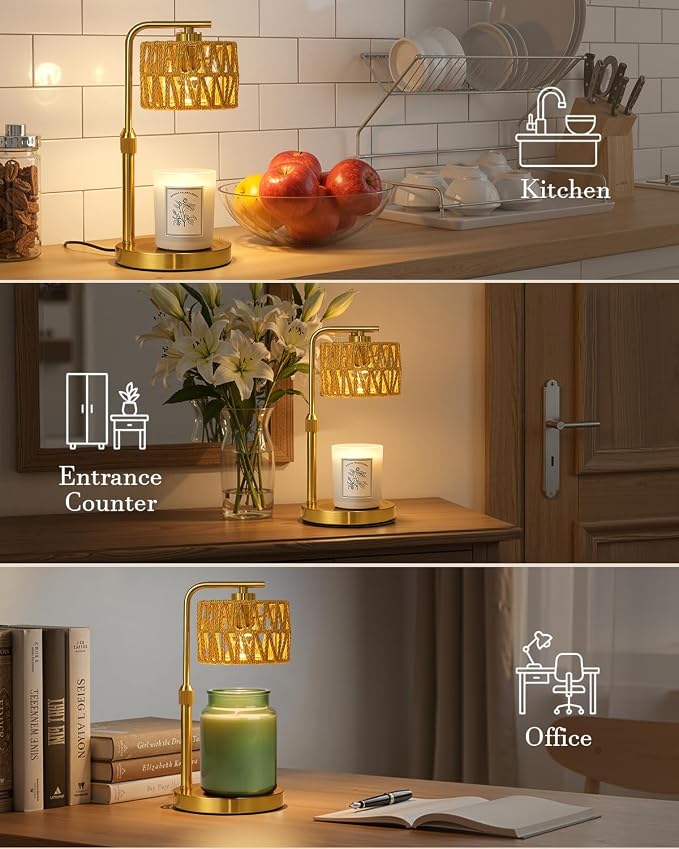 Candle Warmer Lamp with Timer, Dimmable Candle Warmer for Jar Candles, Height Adjustable Candle Lamp Warmer, Boho Rattan