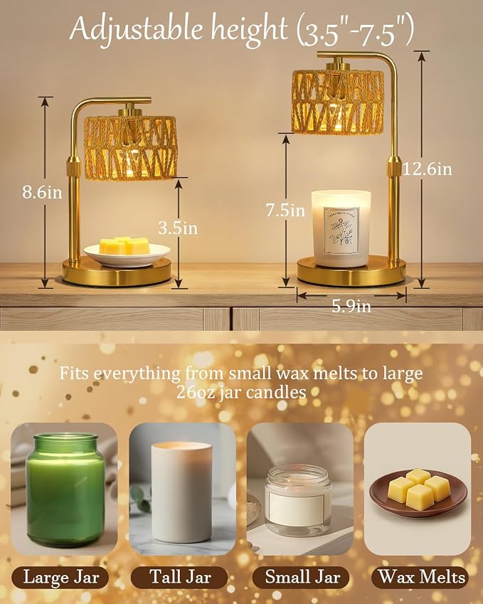 Candle Warmer Lamp with Timer, Dimmable Candle Warmer for Jar Candles, Height Adjustable Candle Lamp Warmer, Boho Rattan