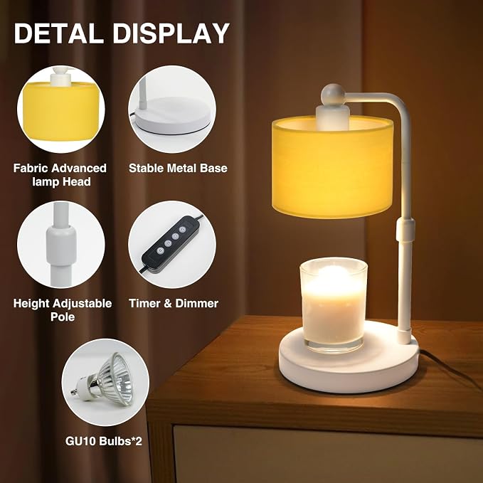 Candle Warmer Lamp with Timer, Dimmable Candle Wax Warmer, Height Adjustable Electric Candle Lamp Warmer with 2 Bulbs, Gifts