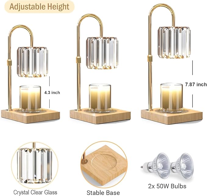 Candle Warmer Lamp with Timer, Dimmable Electric Candle Wamer Adjustable Height, Glass Modern Candles Melter Lamp, Gifts for