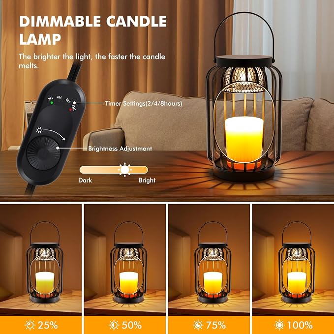 Candle Warmer Lamp with Timer & Dimmable Function - Vintage Hanging Candle Wax Warmer Lantern for 3-Wick/Large Jar Candles