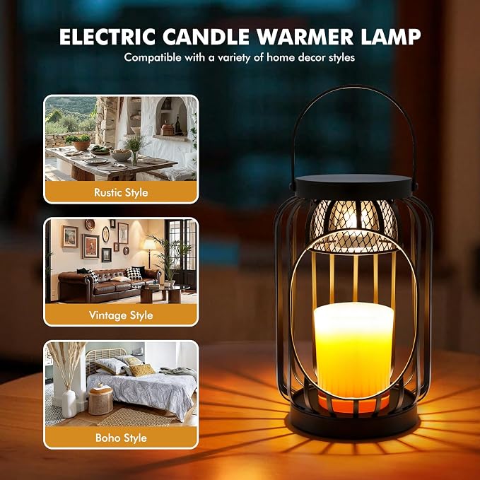 Candle Warmer Lamp with Timer & Dimmable Function - Vintage Hanging Candle Wax Warmer Lantern for 3-Wick/Large Jar Candles