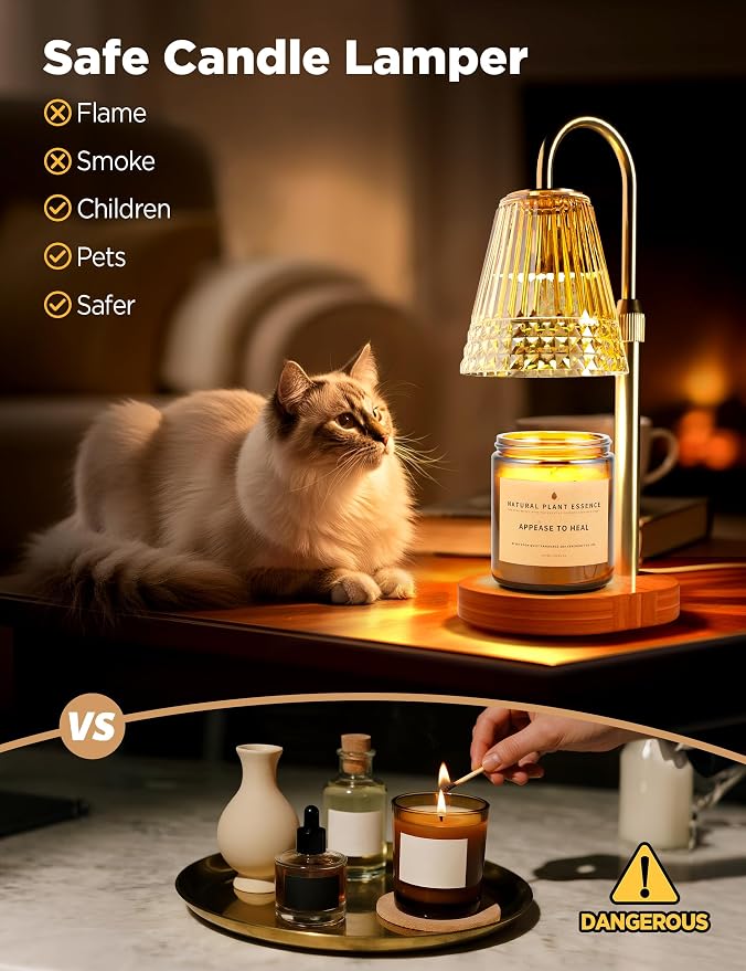 Candle Warmer Lamp with Timer Dimmable, Height-Adjustable Candle Warmer with 2 Bulbs, Gifts for Women, Golden Shade, Wood