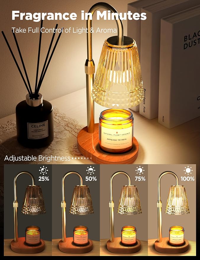 Candle Warmer Lamp with Timer Dimmable, Height-Adjustable Candle Warmer with 2 Bulbs, Gifts for Women, Golden Shade, Wood