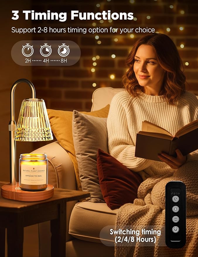 Candle Warmer Lamp with Timer Dimmable, Height-Adjustable Candle Warmer with 2 Bulbs, Gifts for Women, Golden Shade, Wood