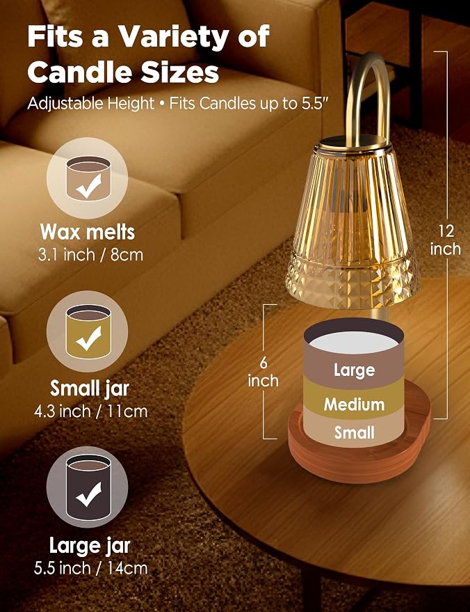 Candle Warmer Lamp with Timer Dimmable, Height-Adjustable Candle Warmer with 2 Bulbs, Gifts for Women, Golden Shade, Wood