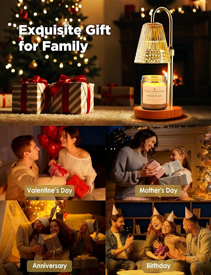 Candle Warmer Lamp with Timer Dimmable, Height-Adjustable Candle Warmer with 2 Bulbs, Gifts for Women, Golden Shade, Wood