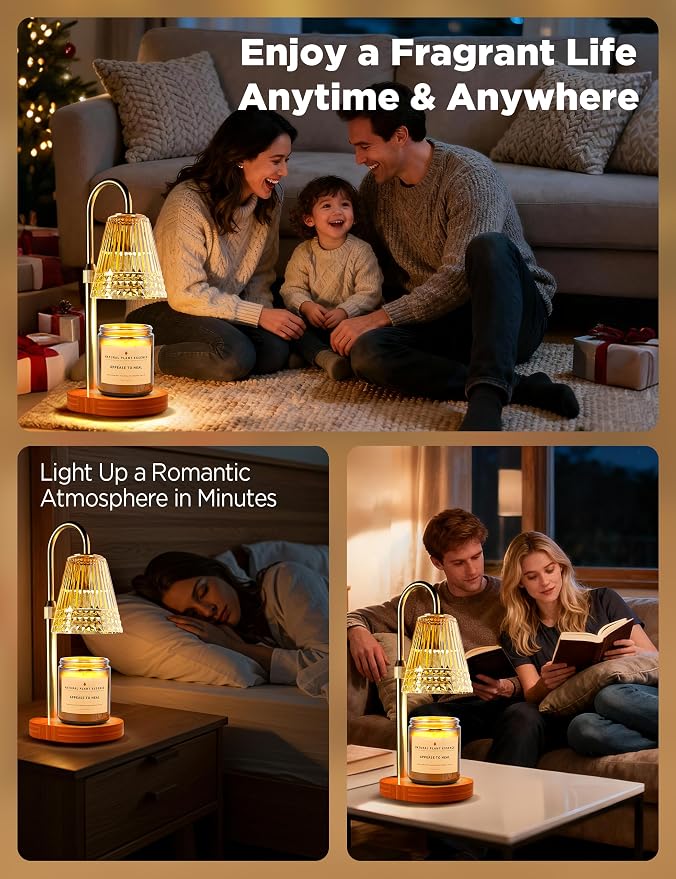 Candle Warmer Lamp with Timer Dimmable, Height-Adjustable Candle Warmer with 2 Bulbs, Gifts for Women, Golden Shade, Wood