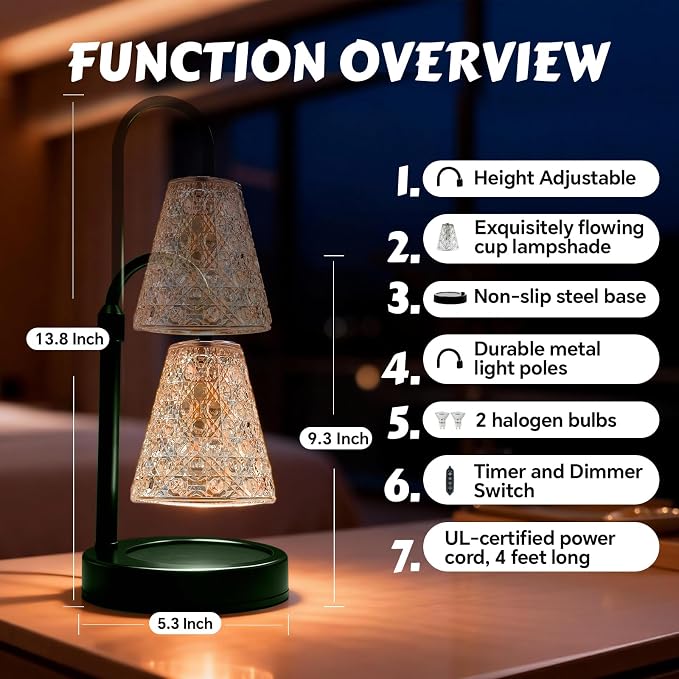 Candle Warmer Lamp with Timer Dimmable, Height Adjustable Wax Melt Warmer for Jar Candles - Includes 2 Bulbs, alternate