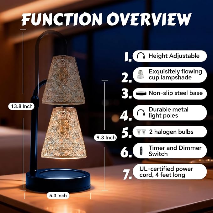 Candle Warmer Lamp with Timer Dimmable, Height Adjustable Wax Melt Warmer for Jar Candles - Includes 2 Bulbs, alternate