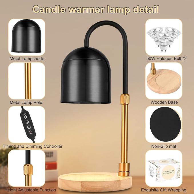 Candle Warmer Lamp with Timer & Dimmer, Adjustable Height Electric Candle Warmer with 3 Bulbs,Compatible Scented Candles